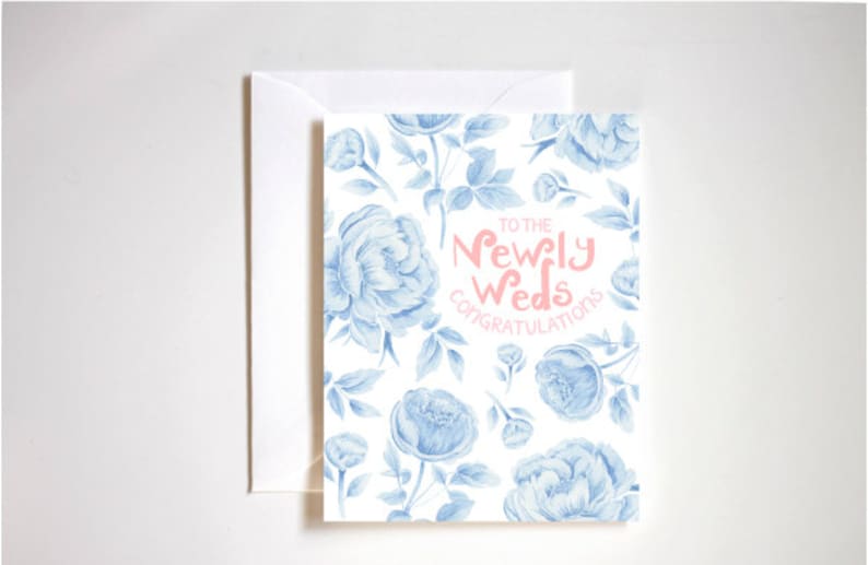 to the newly weds congratulations card / newlyweds card / floral illustration / retro floral wedding card / watercolor blue flowers image 1