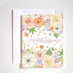bruiloft felicitatie kaart, aquarel bruiloft bloemenprint, handgeschilderde bloemenkaart, felicitaties wenskaart, lege trouwkaart