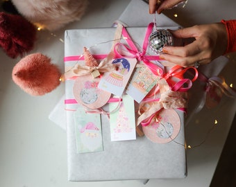 etichette regalo per le vacanze con nastro di seta, set di etichette regalo, etichette regalo di Natale, etichette regalo di Babbo Natale, confezione regalo per le vacanze, confezione regalo