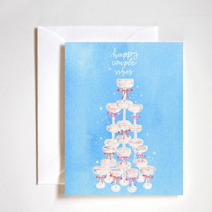 Vibraciones de pareja feliz, torre de champán, tarjeta de compromiso, tarjeta de aniversario, tarjeta de boda, arte de acuarela, azul, coqueta