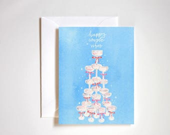 ambiance couple heureux, tour de champagne, carte de fiançailles, carte d'anniversaire, carte de mariage, art aquarelle, bleu, coquette