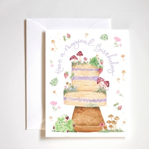 cottagecore anniversaire, champignon cottagecore, gâteau aux champignons, carte d’anniversaire magique, fête cottagecore, gâteau d’anniversaire, carte aquarelle