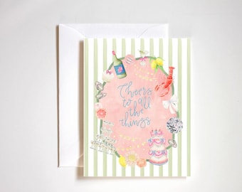 Cheers to all the things celebration card, wedding card, wedding cake, champagne tower, celebrate card, congratulations card, newlyweds card