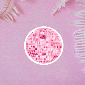 pink disco ball vinyl sticker, retro sticker, disco art, laptop stickers, reusable bottle sticker