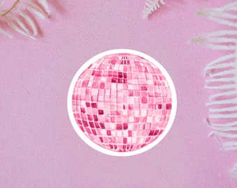 pink disco ball vinyl sticker, retro sticker, disco art, laptop stickers, reusable bottle sticker