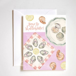 tiempo para la tarjeta de felicitación de ostras y almejas, celebración de cumpleaños de verano, arte de mariscos, gourmet, tarjeta de cumpleaños, mariscos
