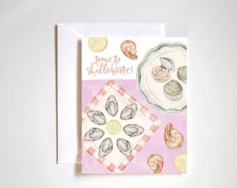 il est temps de décortiquer les huîtres et les palourdes carte de voeux, fête d'anniversaire d'été, art des crustacés, fin gourmet, carte d'anniversaire, fruits de mer
