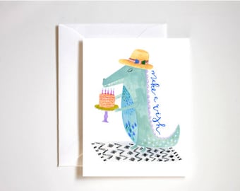 Alligator birthday card / Make a wish birthday card / Celebration card / Birthday cake card