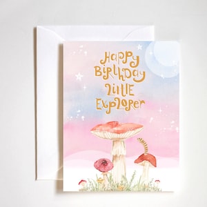 explorer birthday, birthday card for kids, adventure birthday card, bug birthday card, bug birthday party, mushroom birthday card, nature