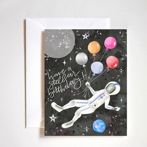 cartão de aniversário do espaço sideral, cartão de aniversário de astronauta, aniversário fora deste mundo, cartão de aniversário estelar, aniversário de lua e estrelas