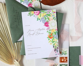 letterpress wedding invitation / watercolor floral garland / watercolor fruits and vegetables illustration / wedding fruit decor