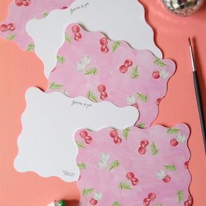 disco cherry notecard set, wavy die cut cards, blank set of cards, pink disco art, red cherries