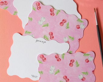 ensemble de cartes de correspondance cerise disco, cartes découpées ondulées, ensemble de cartes vierges, art disco rose, cerises rouges