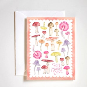 zo brij liefde, paddestoelliefhebber, liefdeskaart, Valentijnsdagkaart, paddestoelwoordspeling, roze paddestoelen, magische paddestoelen, cottage core, met de hand geschilderd
