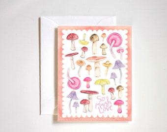 so Pilzliebe, Pilzliebhaber, Liebeskarte, Valentinstagskarte, Pilzwortspiel, rosa Pilze, magische Pilze, Hüttenkern, handbemalt