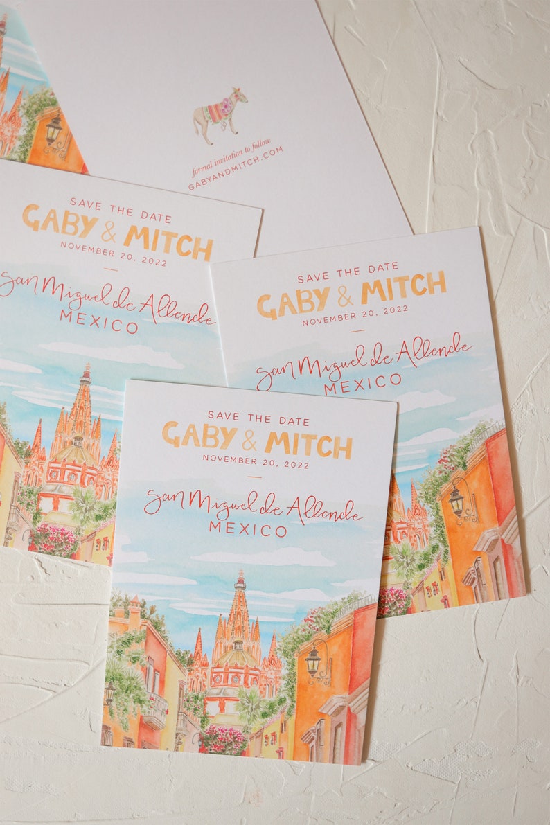 San Miguel de Allende Mexico wedding save the dates, San Miguel watercolor painting, custom hand painted wedding stationery, Mexican church image 2
