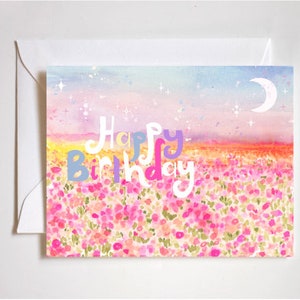 happy birthday field of flowers card / watercolor flower field / flower child bday card / floral watercolor art / watercolor flowers card image 1