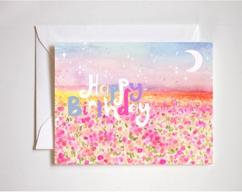 happy birthday field of flowers card / watercolor flower field / flower child bday card / floral watercolor art / watercolor flowers card