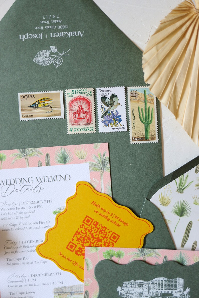 May include: A wedding invitation suite with a green envelope, a pink and green patterned card, and a yellow card with a QR code. The text on the card reads "Wedding Weekend Details" and includes dates and times for the wedding events. The envelope has stamps with images of a fish, a bell, a bird, and a cactus.
