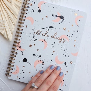 hard cover lined journal, gold foil journal, all the things journal, beautiful lined notebook, celestial journal, screen printed journal