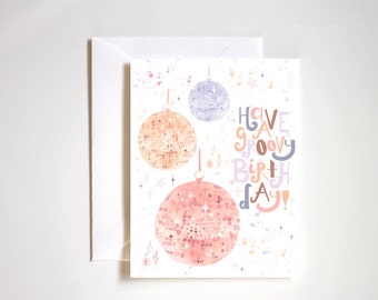 avoir une carte d'anniversaire groovy, carte d'anniversaire disco, boule disco rose, peinture boule disco, carte d'anniversaire festive, carte d'anniversaire pour fille