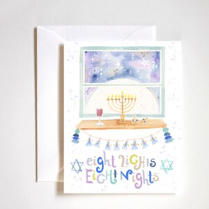 Carte de Hanoukka, huit nuits huit lumières, aquarelle Carte de Hanoukka, carte de menorah, aquarelle menorah, étoile de davids