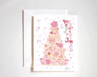 pink christmas tree, christmas tree card, merry christmas card, pinkmas