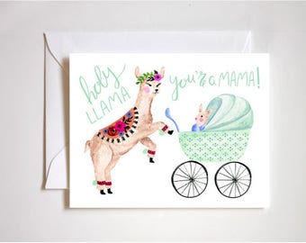 mama llama cards, card for mom to be, new mom card, new baby card, baby llama prints, funny new baby card, llama mama card, first time mom