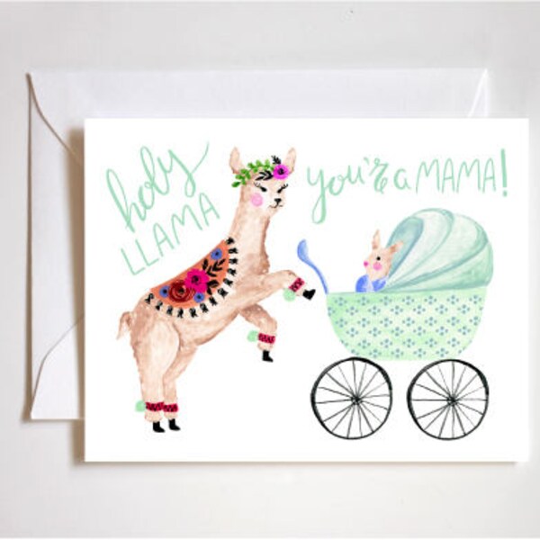 mama llama cards, card for mom to be, new mom card, new baby card, baby llama prints, funny new baby card, llama mama card, first time mom