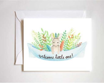 Accueillez un tout-petit / Bienvenue bébé / Petit garçon / Petite fille / Forêt / Carte vierge / Cartes de voeux / Papeterie