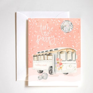 tarjeta de boda pintada a mano, tarjeta de transporte de bodas, decoración de bodas de bola de discoteca, tarjetas de fiesta de bodas, tarjeta de boda de acuarela, tarjetas de tiempo para fiestas