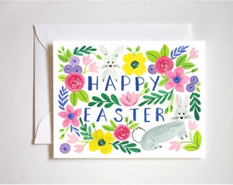 Happy Easter Greeting Card / Easter Bunny Card / Easter Basket / Blank Easter Card / Easter Flowers