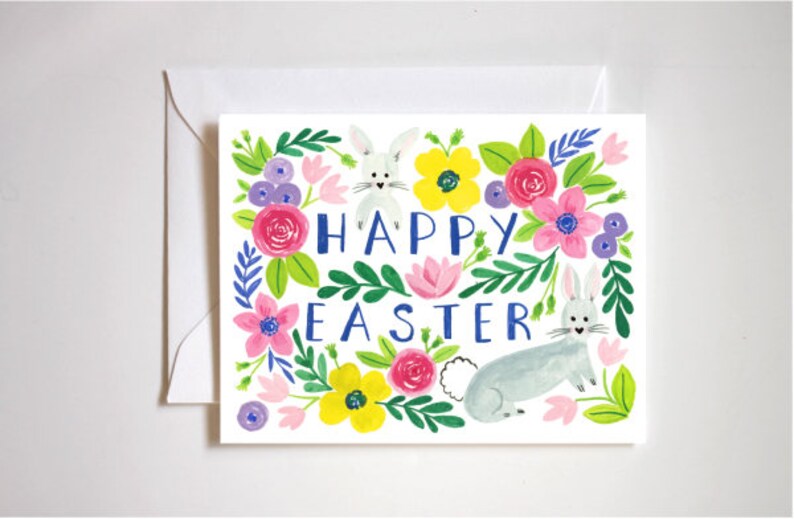 Carte de vœux de Pâques / Carte lapin de Pâques / Panier de Pâques / Carte de Pâques vierge / Fleurs de Pâques image 1