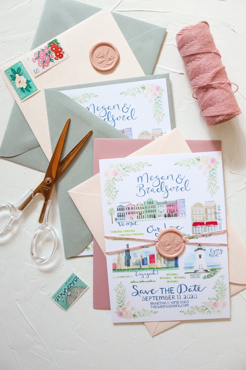 K&ouml;nnte beinhalten: Eine Aquarell-Hochzeitseinladung mit einer Karte verschiedener St&auml;dte, darunter Chicago, Charleston und Martha's Vineyard. Die Einladung ist in einem rosa und blauen Farbschema mit floralen Akzenten gehalten und enth&auml;lt den Text "Save the Date" und "September 11, 2020".