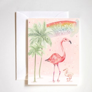 nueva tarjeta de bebé pintada a mano, animales bebés de bienvenida, arcoíris de bebé de bienvenida, tarjeta de flamenco bebé, arte de flamenco acuarela, tarjeta para bebé nuevo