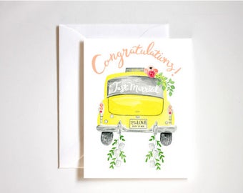 NYC Yellow Taxi Cab Wedding Card / Congratulations / Blank Card / Just Married / Tin Cans / Watercolor