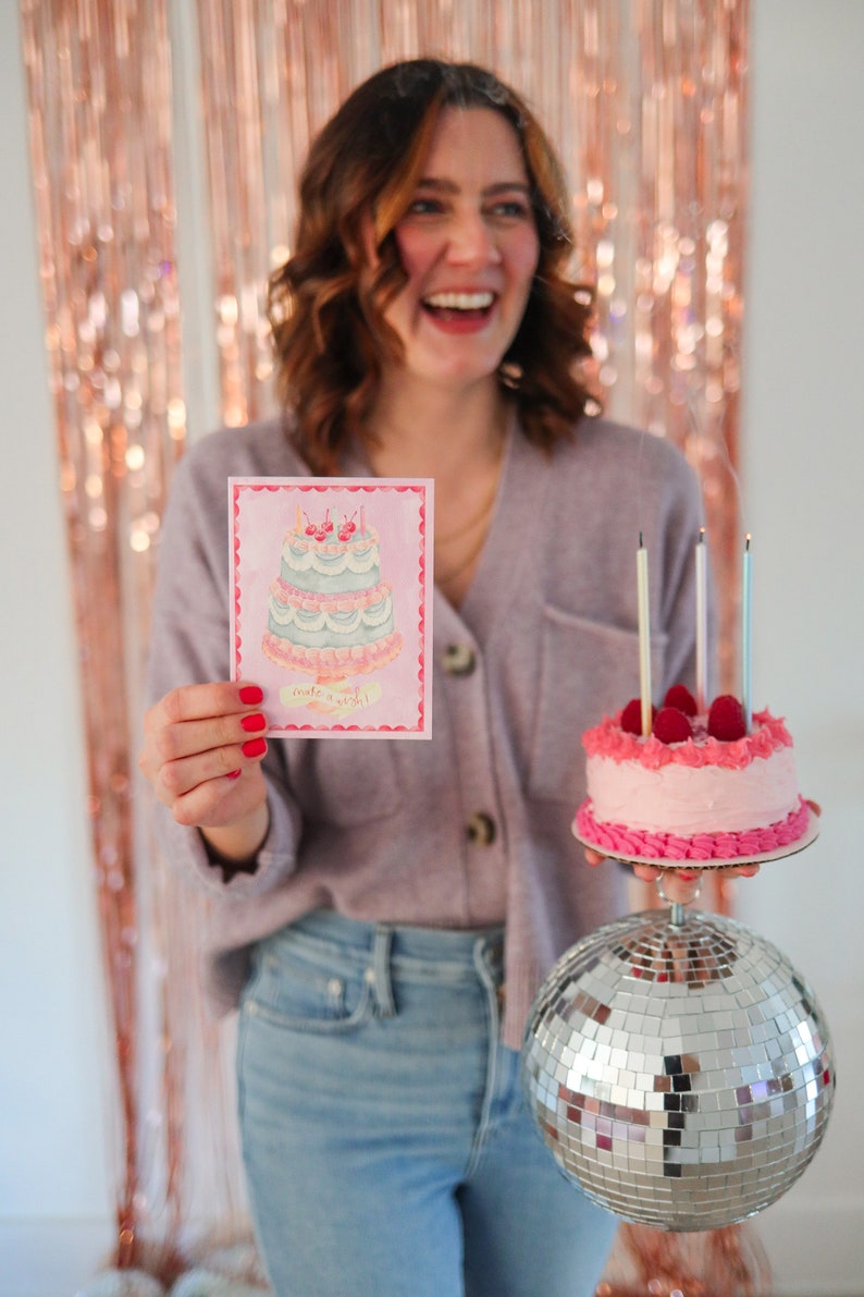 make a wish birthday card, retro cake painting, vintage birthday card, pink birthday cake, red cherries image 4