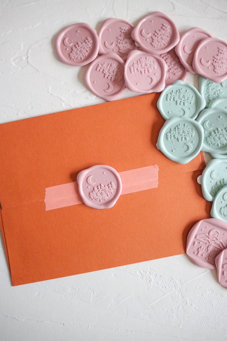 moon wax seal, forest wax seal stamp, wedding wax seal stamp adhesive, moon and stars wax stamp, pink wax seal, sage green wax seal image 3