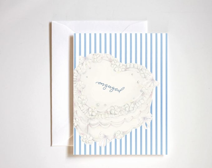 engaged white cake greeting card, engagement gift, newly engaged couple, white and blue
