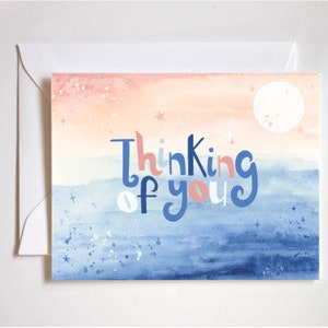 carte penser à vous / illustration aquarelle ciel rose / illustration paysage marin / carte de sympathie aquarelle / carte aquarelle lune et étoiles