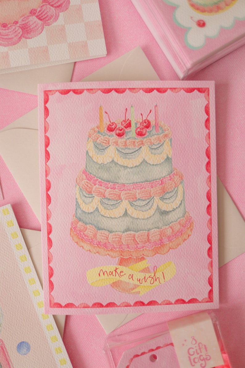make a wish birthday card, retro cake painting, vintage birthday card, pink birthday cake, red cherries image 2