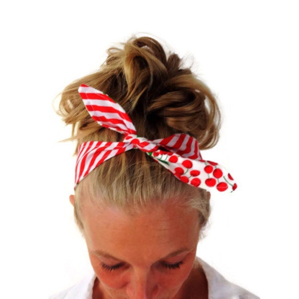 Dolly Bow Tie Up velo fascia Bandana - capelli avvolgere capo accessorio Boho - Rockabilly Band testa - reversibile - ciliegio Print - Stripe sciarpa