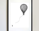 Girl with a Hot Air Balloon - Graphic Black and White Digital Illustration Art Print