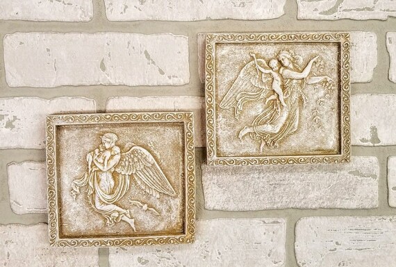 Antique Vintage Set of 2 Angels Wall Decor Cherub Art Sculpture Greek