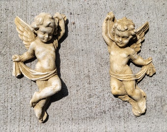 Winged Angels Cherubs Wall Plaque Pair Eros Cupid Antique Finish