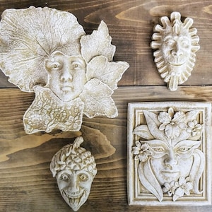 Set of 4 Green Man Leaf Face Forest Goddess Wall Plaques