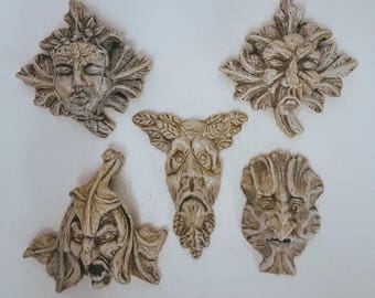 Vintage Set of 5 Gothic Medieval Green man Gargoyle Mythical Wall Plaque