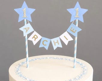 Personalised Cake Topper 1st Birthday Star Pastel Blue Rainbow Theme Custom Bunting Party Theme Name Age Boy Girl