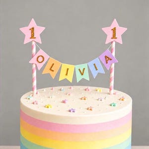 Personalised Cake Topper 1st Birthday Pink Star Pastel Rainbow Bunting Banner Custom Nams Age Girl Boy Cake Decoration Pink Stripes