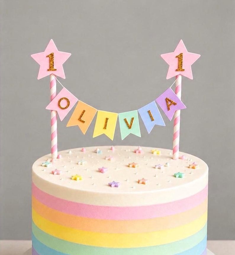 Personalised Cake Topper 1st Birthday Pink Star Pastel Rainbow Bunting Banner Custom Nams Age Girl Boy Cake Decoration Pink Stripes
